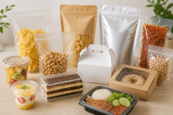 Berbagai jenis kemasan produk makanan untuk UMKM dan bisnis kuliner.